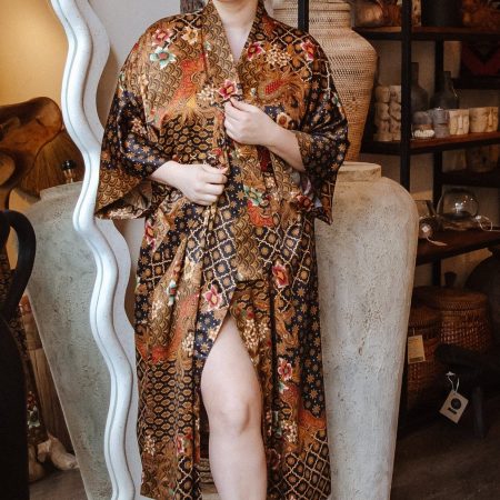 Amber Brown Medallion Floral Satin Kimono Robe with Geometric Border