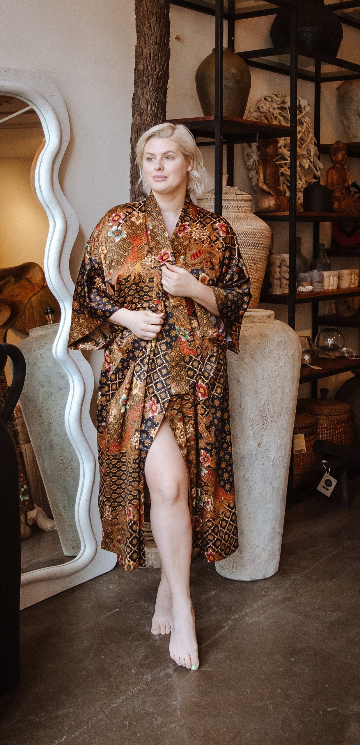 Amber Brown Medallion Floral Satin Kimono Robe with Geometric Border