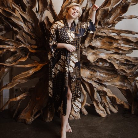 Black Gold Geometric Satin Kimono Robe with Art Deco Patchwork Print