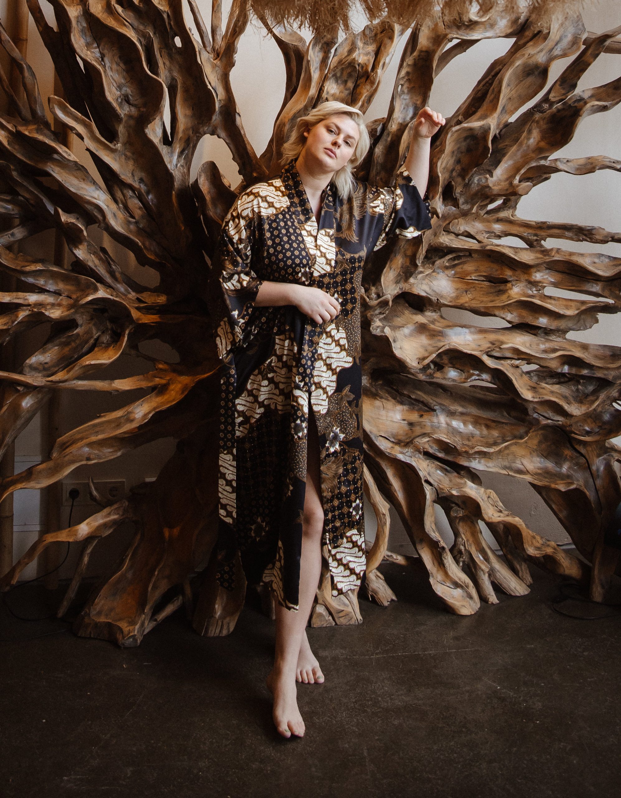 Black Gold Geometric Satin Kimono Robe with Art Deco Patchwork Print