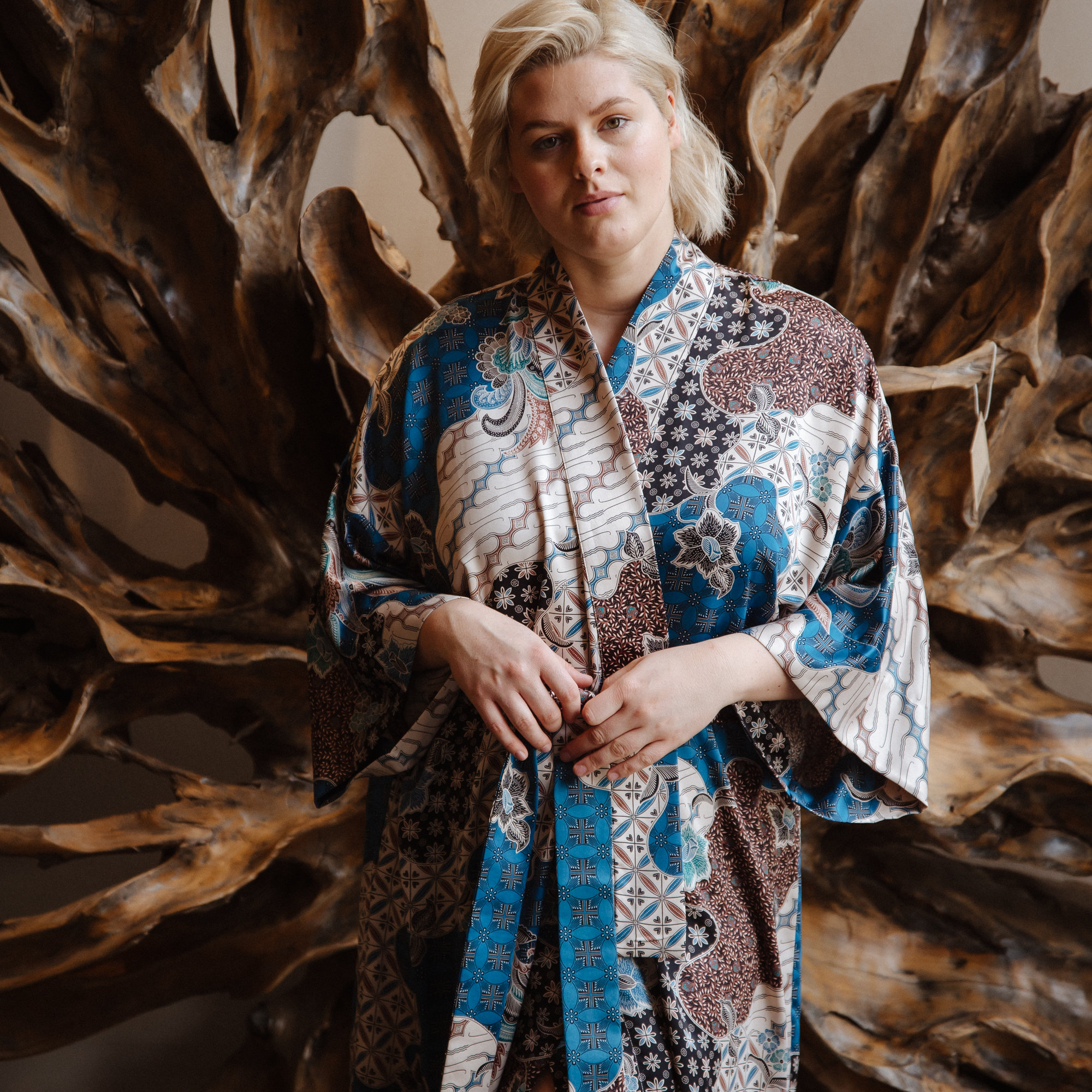 Cloud Blue Patchwork Crane Satin Kimono Robe with Paisley Accents