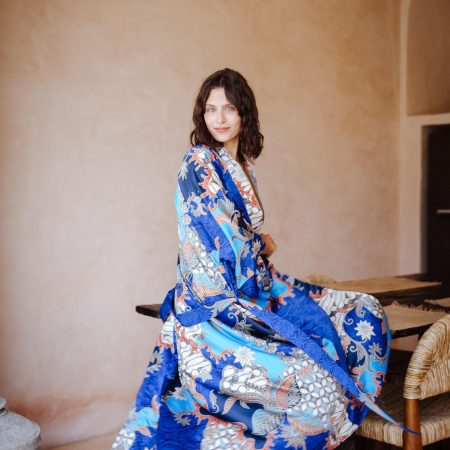 Cobalt Blue Crane Floral Satin Kimono Robe