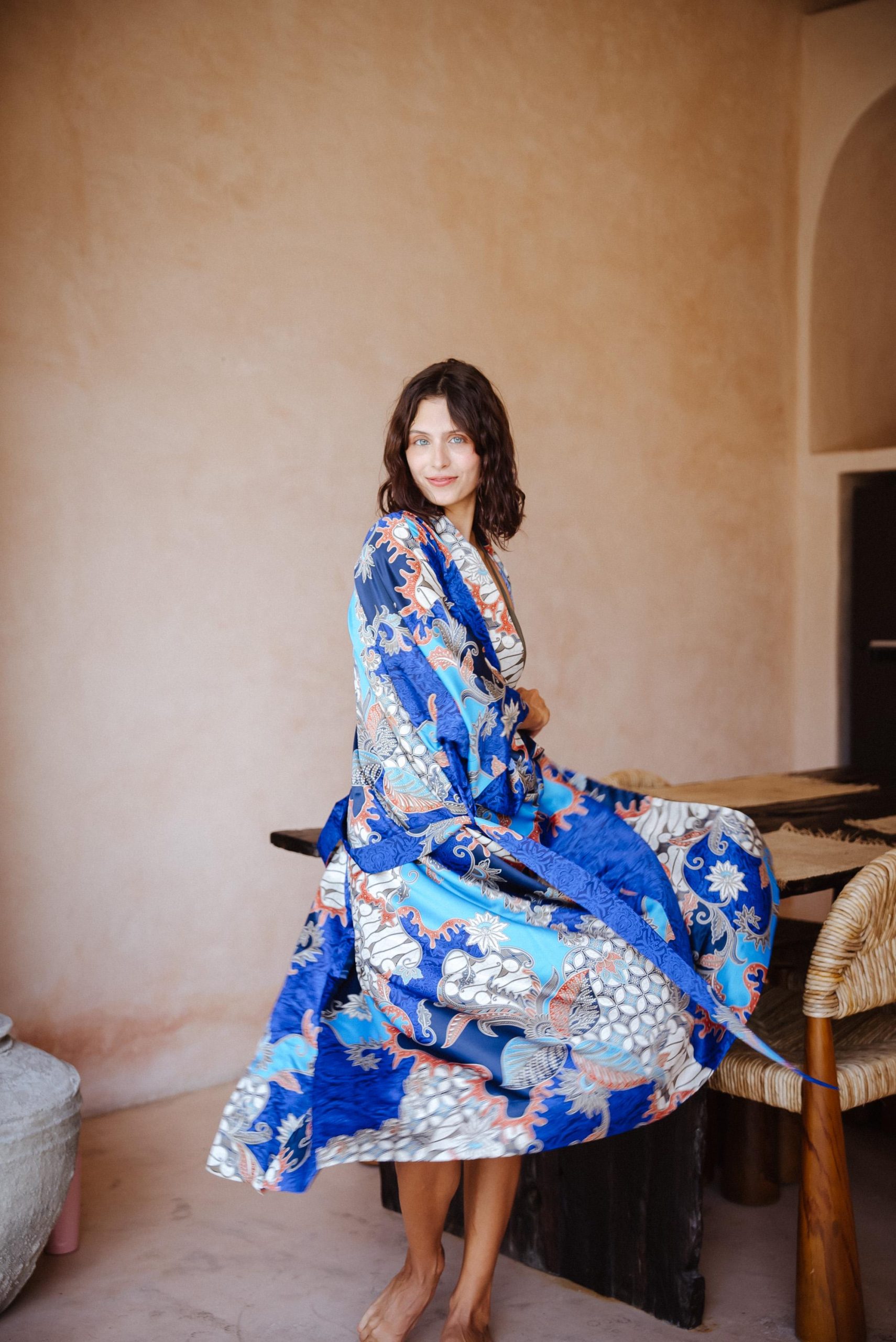 Cobalt Blue Crane Floral Satin Kimono Robe