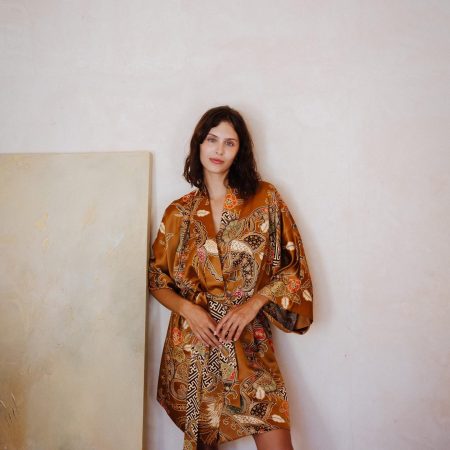 Copper Brown Paisley Satin Kimono Robe with Ornate Floral Print