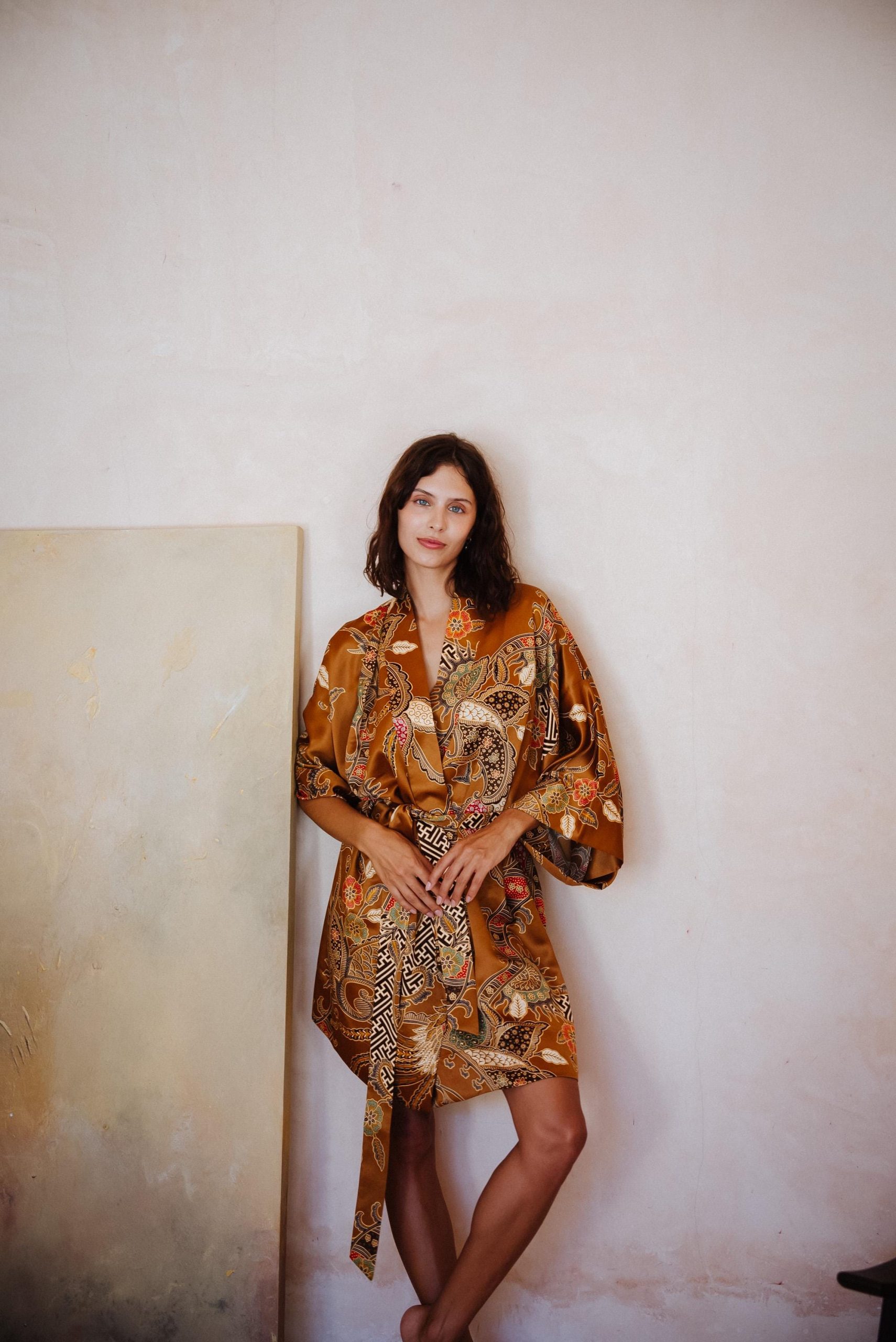 Copper Brown Paisley Satin Kimono Robe with Ornate Floral Print