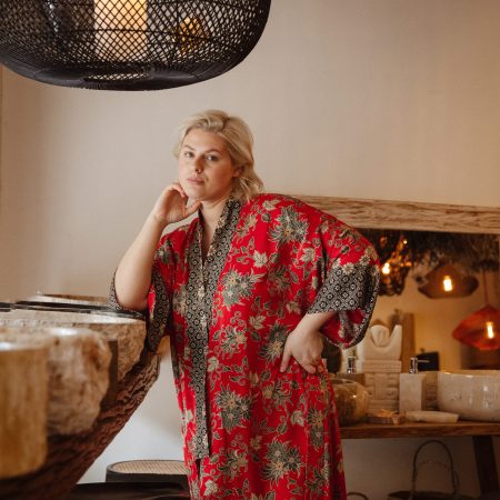 Crimson Red Floral Satin Kimono Robe with Black Border Trim