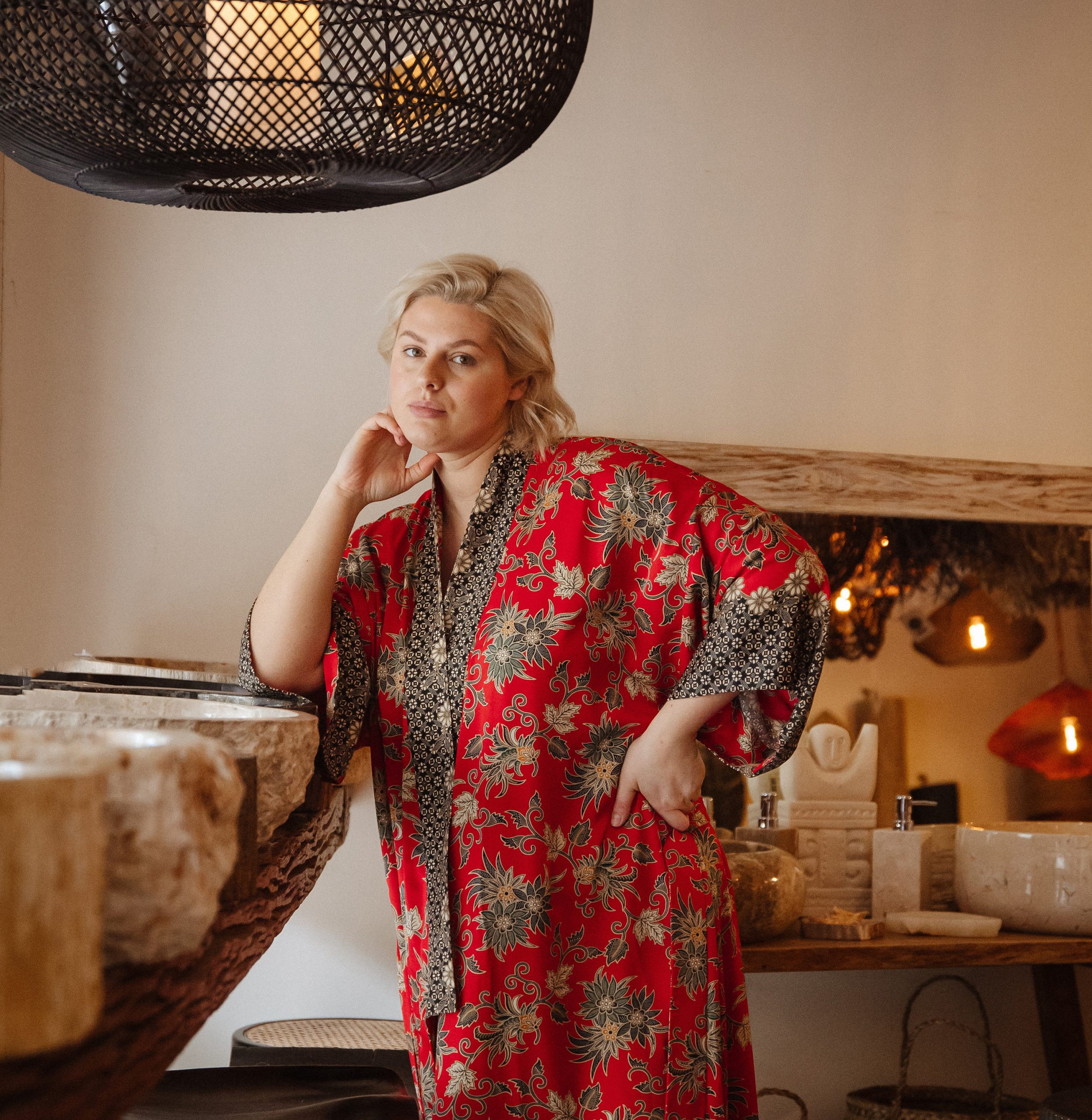 Crimson Red Floral Satin Kimono Robe with Black Border Trim