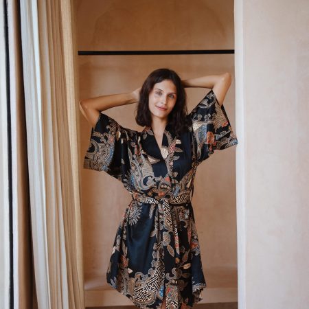 Deep Teal Crane Floral Satin Kimono Robe with Ornate Paisley Print