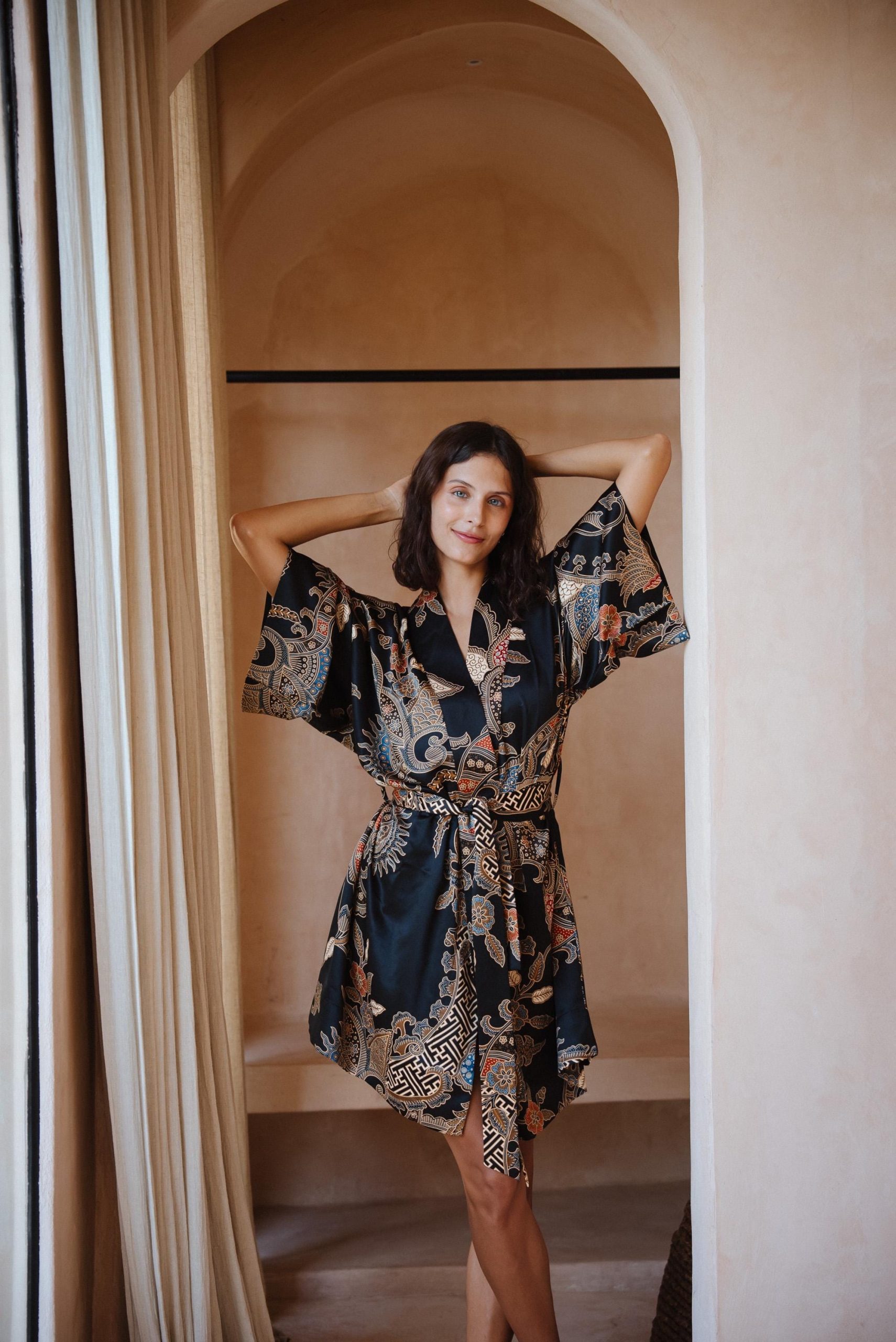 Deep Teal Crane Floral Satin Kimono Robe with Ornate Paisley Print