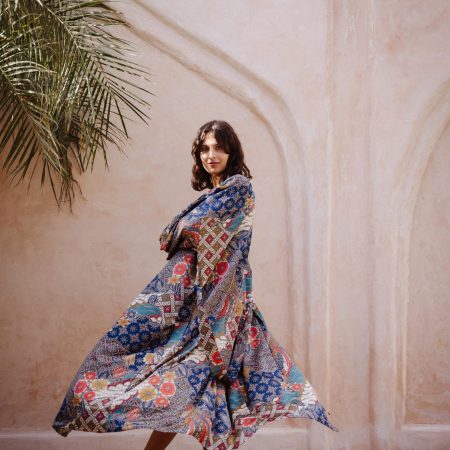 Dusty Blue Patchwork Floral Satin Kimono Robe with Colorful Garden Print