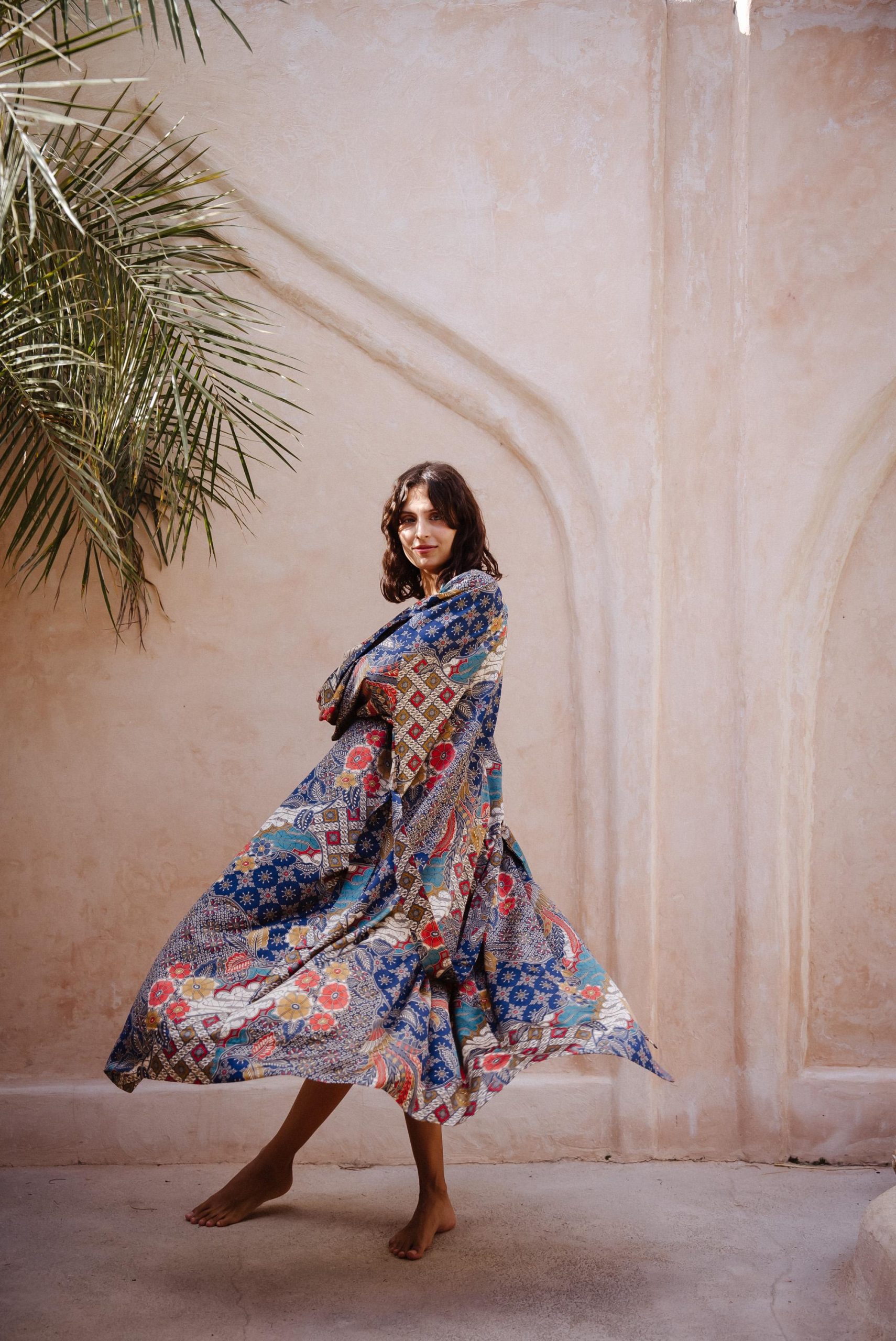 Dusty Blue Patchwork Floral Satin Kimono Robe with Colorful Garden Print