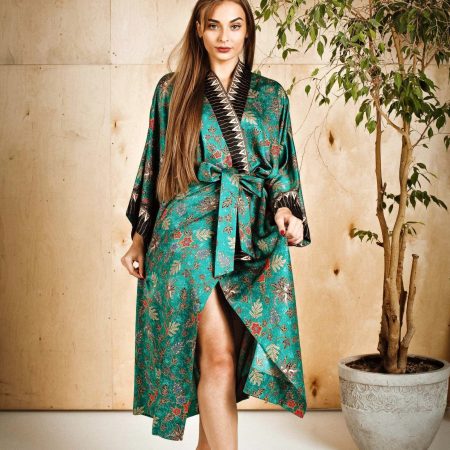 Emerald Green Floral Satin Kimono Robe with Black Patterned Trim