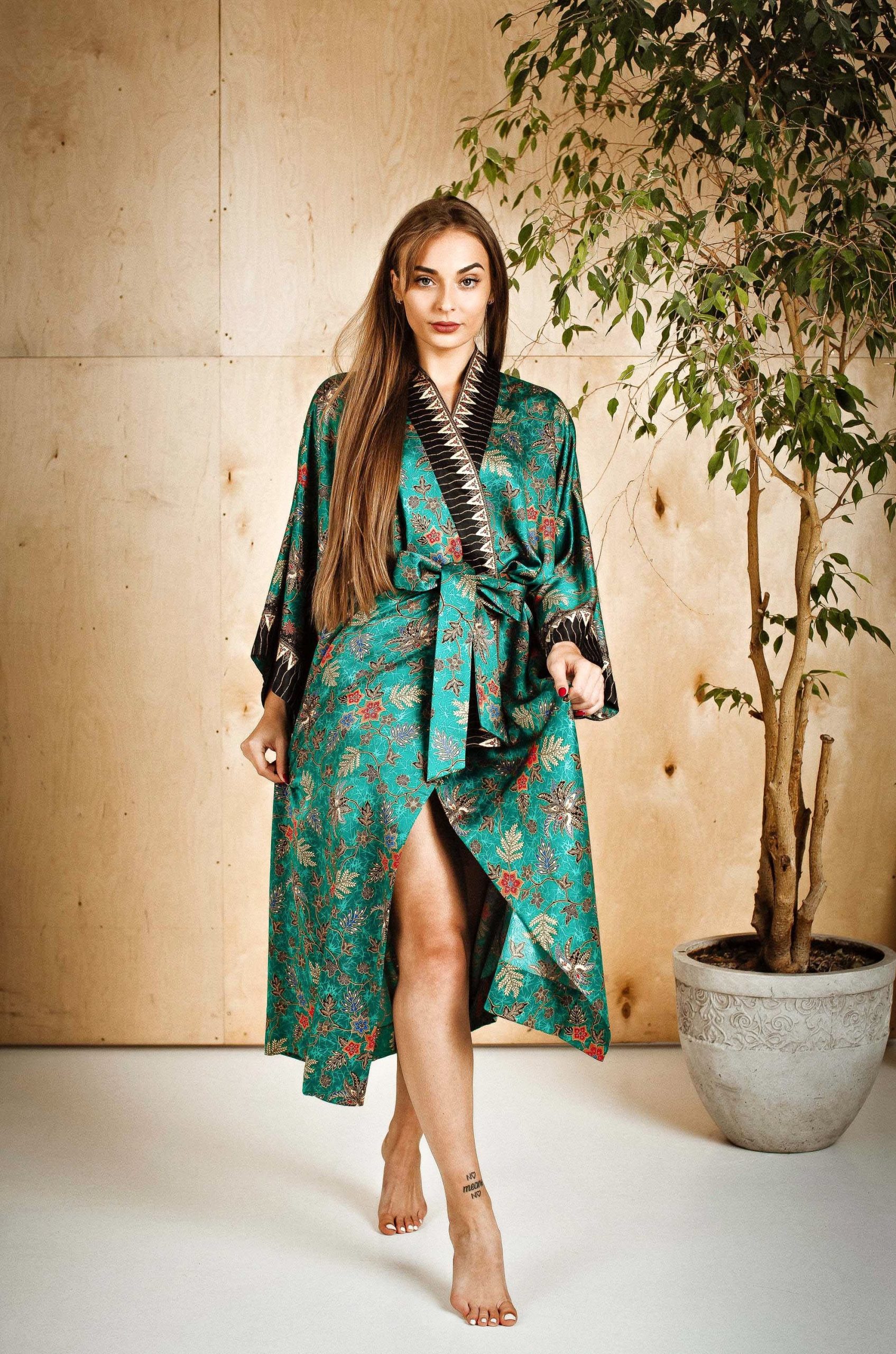 Emerald Green Floral Satin Kimono Robe with Black Patterned Trim