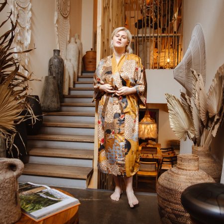 Golden Mustard Geometric Crane Satin Kimono Robe
