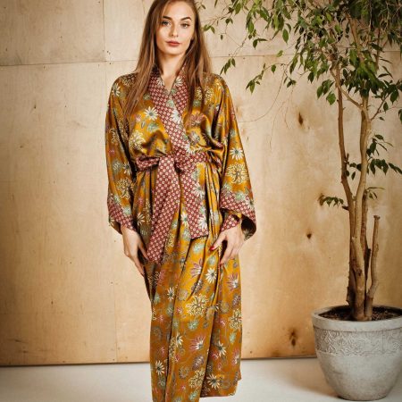 Golden Olive Floral Satin Kimono Robe with Pink Patterned Trim