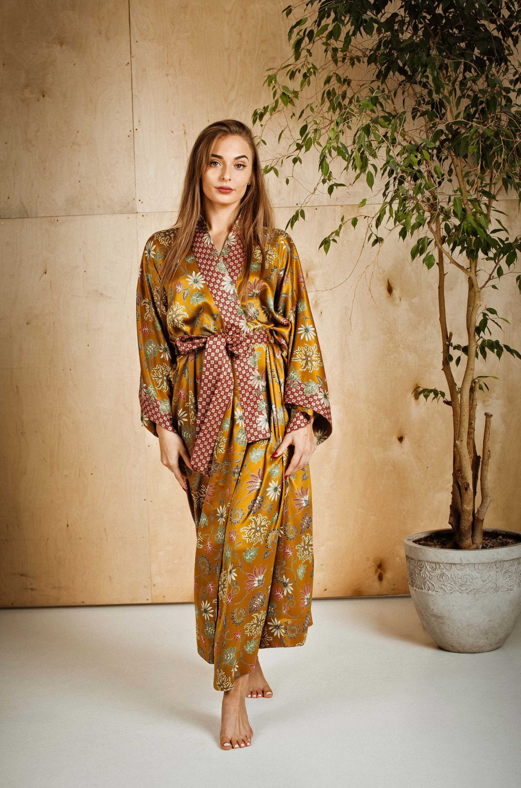 Golden Olive Floral Satin Kimono Robe with Pink Patterned Trim