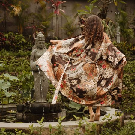 Ivory Black Crane Garden Satin Kimono Robe with Red Trim