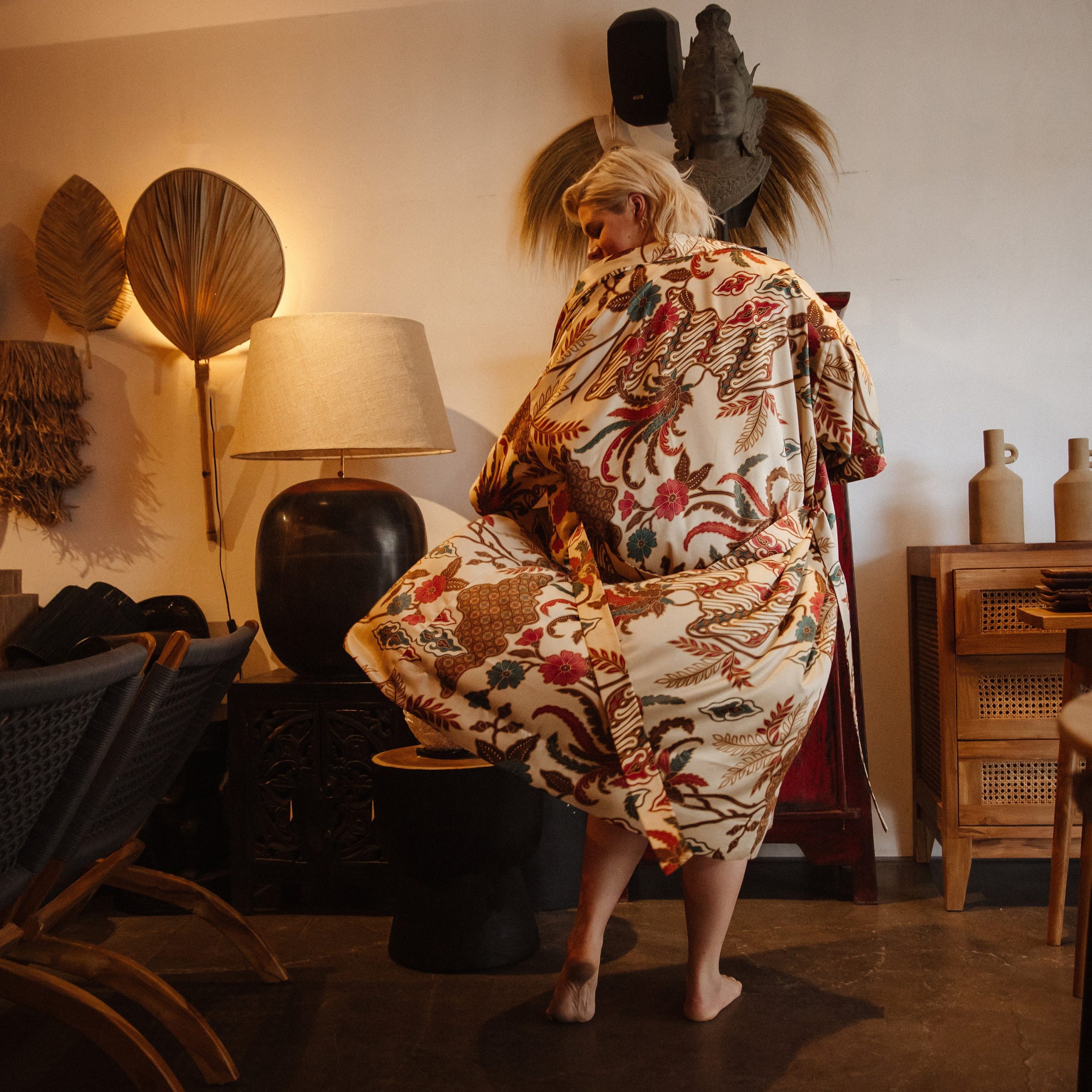 Ivory Botanical Dragon Satin Kimono Robe with Burgundy Trim