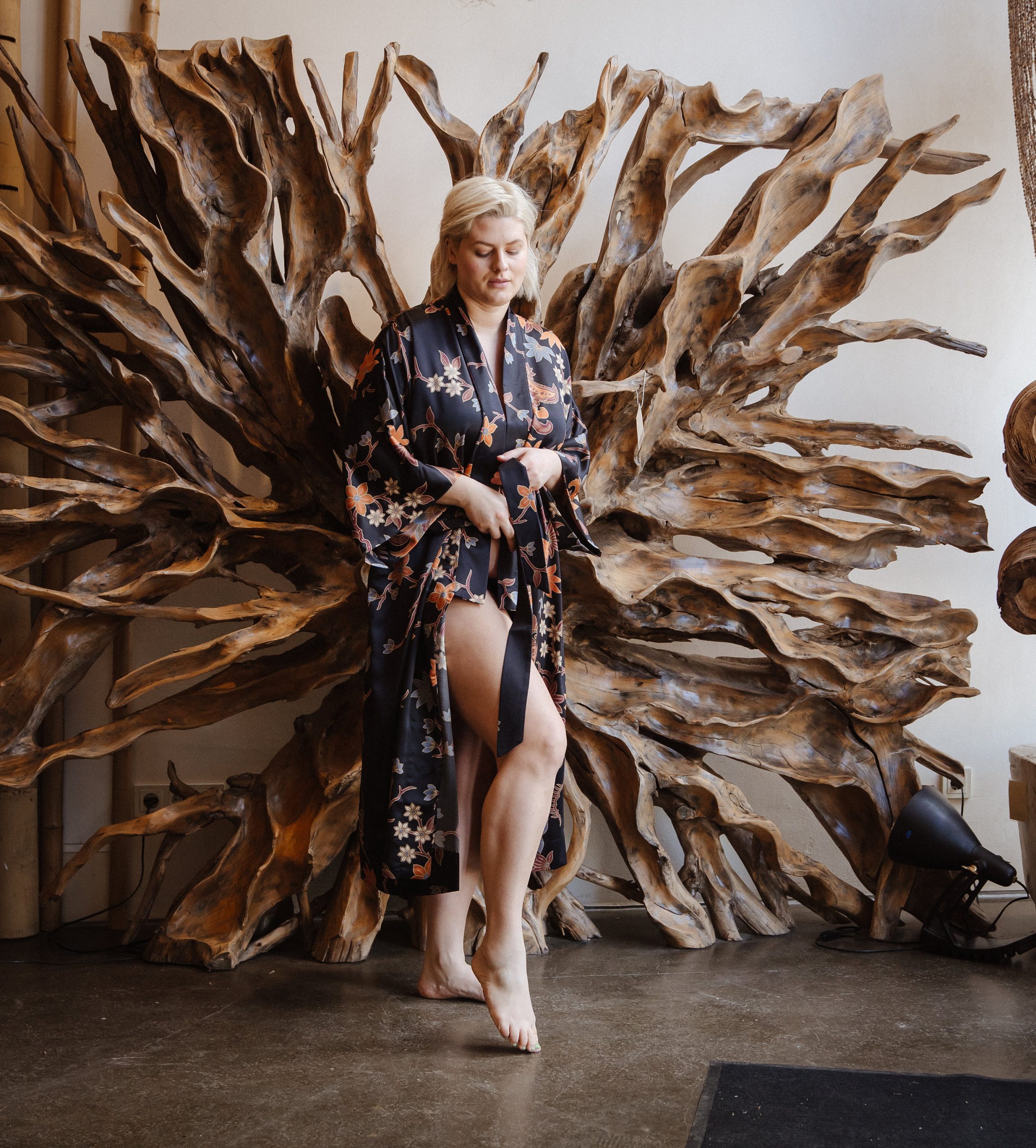 Midnight Black Maple Floral Satin Kimono Robe with Waist Belt