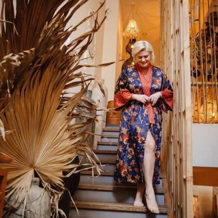 Midnight Blue Floral Satin Kimono Robe with Crimson Border Trim