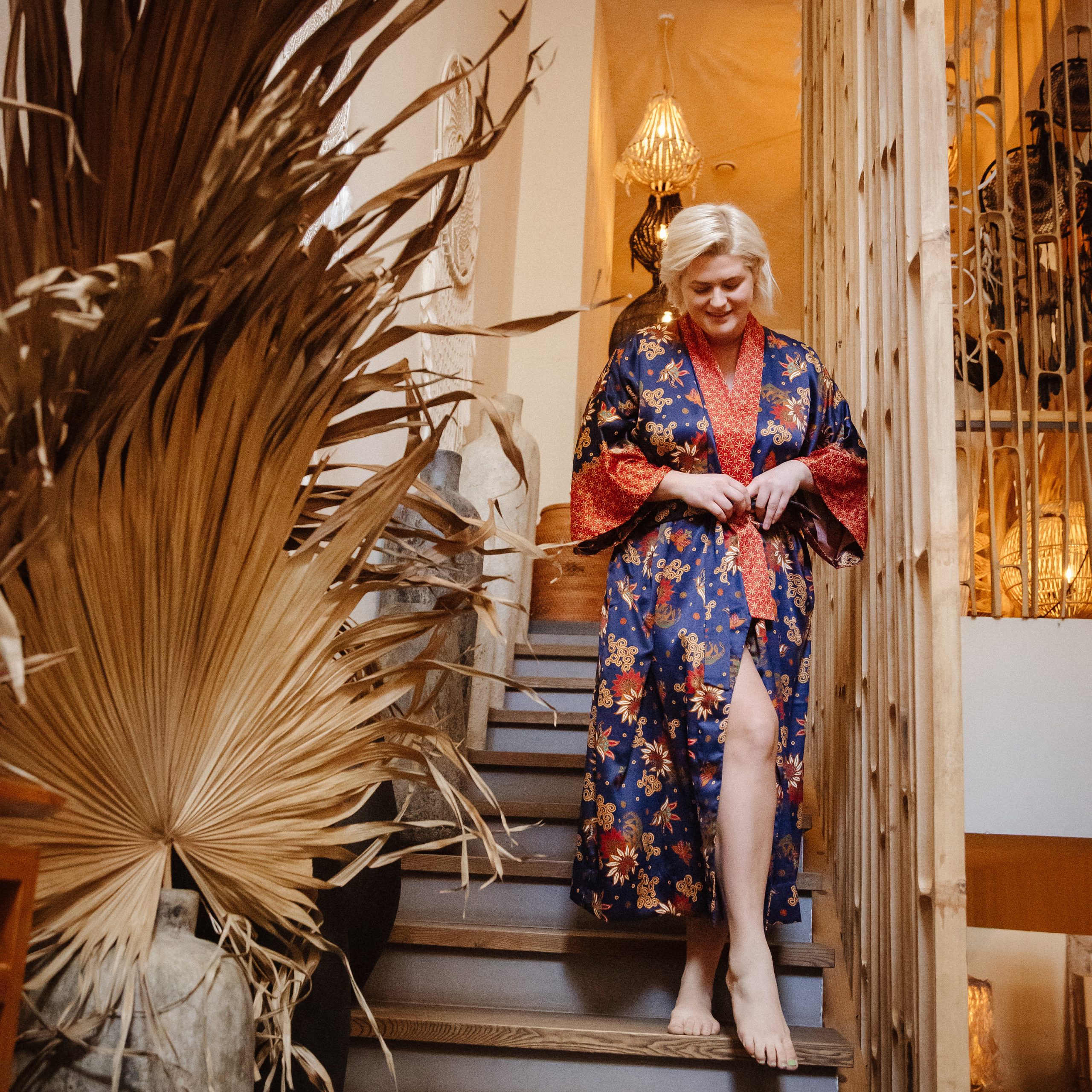 Midnight Blue Floral Satin Kimono Robe with Crimson Border Trim