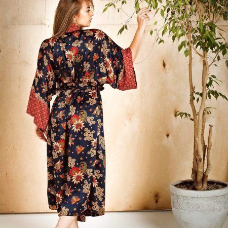 Midnight Navy Floral Satin Kimono Robe with Red Patterned Trim