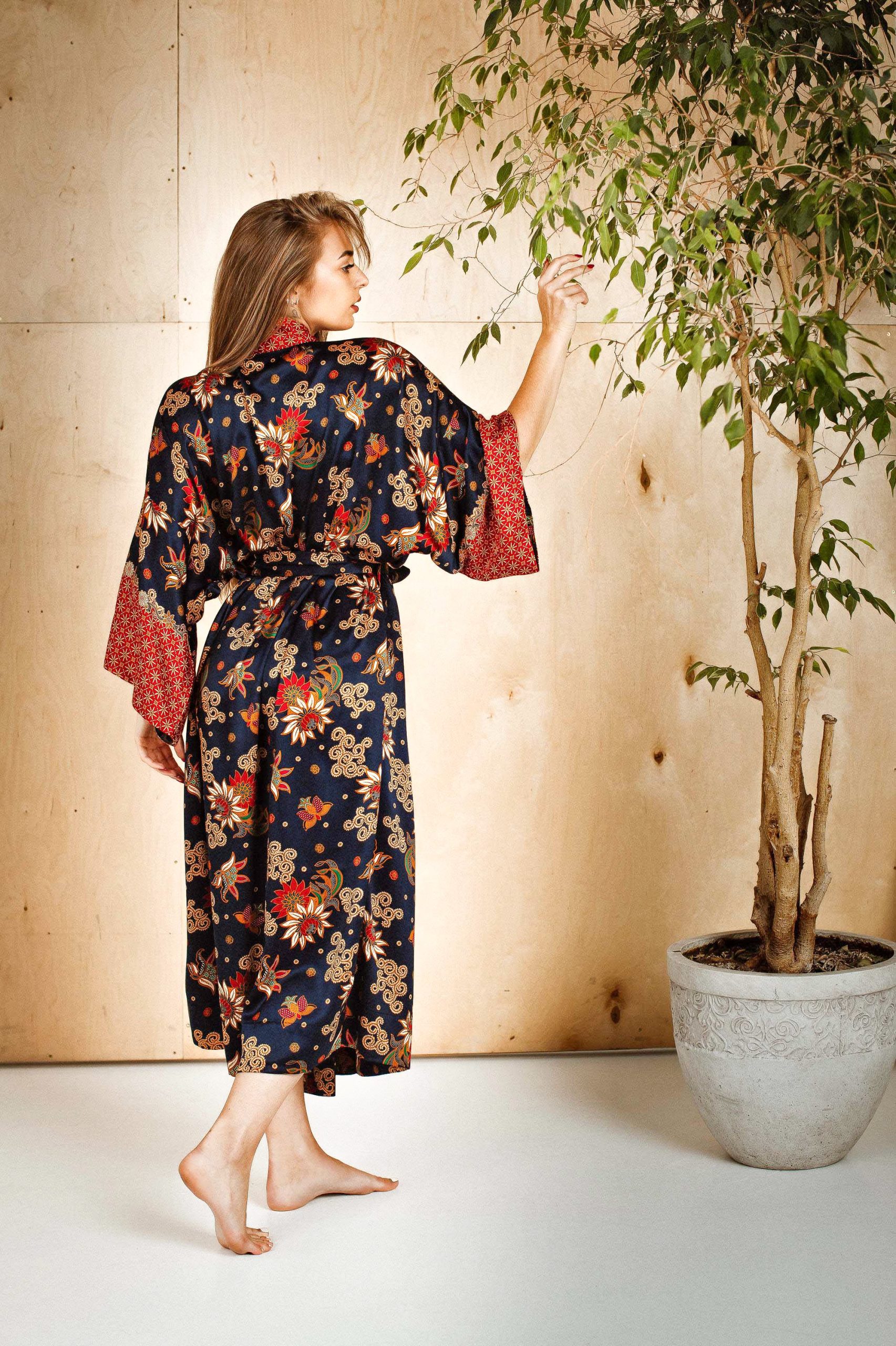 Midnight Navy Floral Satin Kimono Robe with Red Patterned Trim