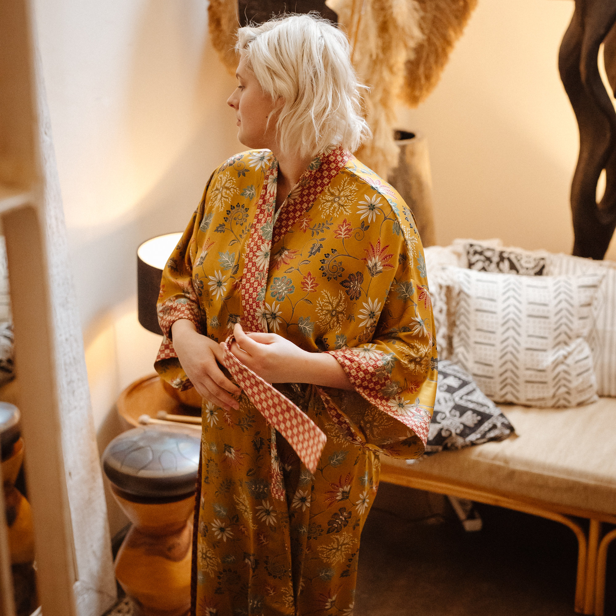 Mustard Gold Floral Satin Kimono Robe with Red Patterned Trim