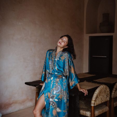 Ocean Blue Baroque Paisley Satin Kimono Robe with Belt