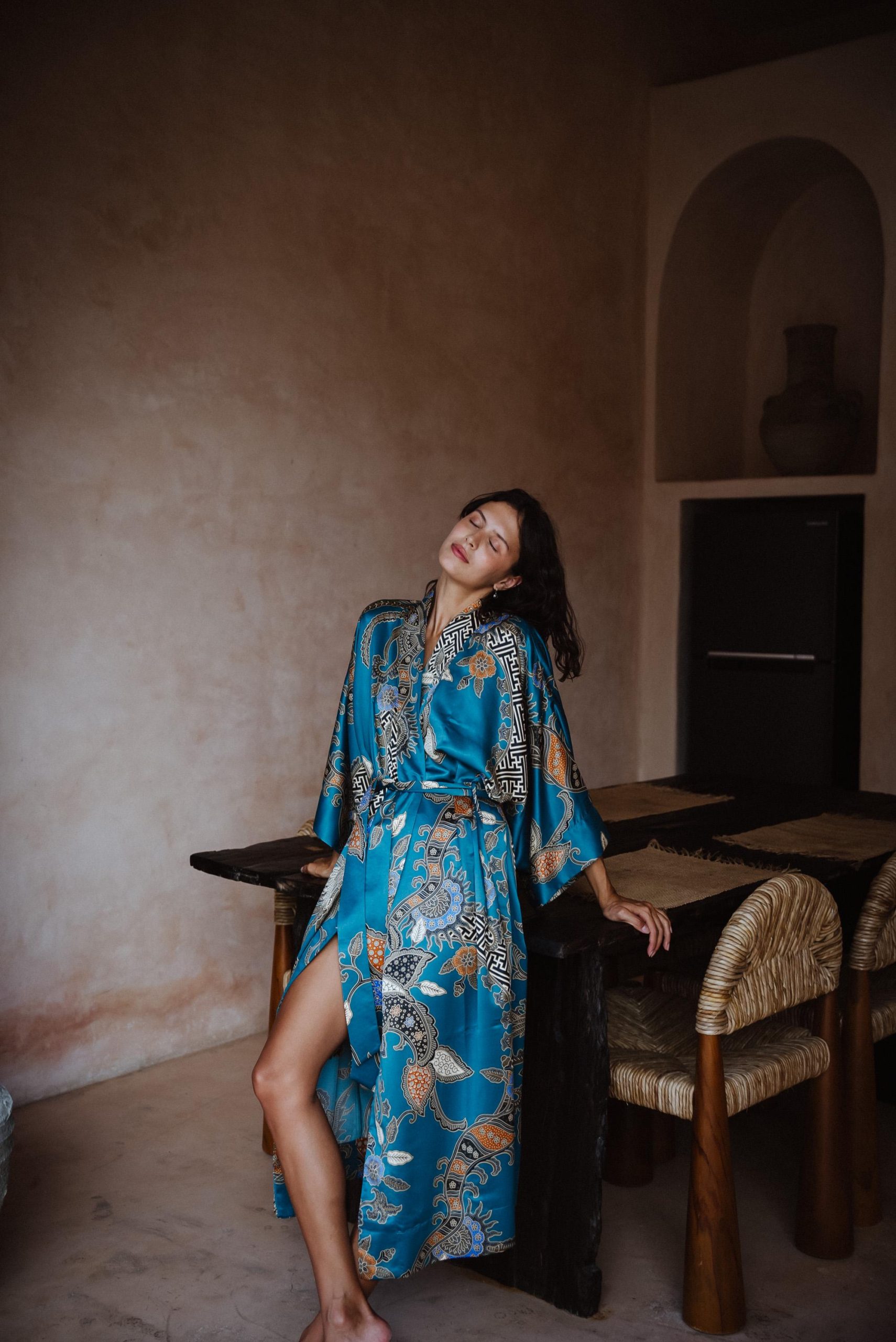 Ocean Blue Baroque Paisley Satin Kimono Robe with Belt
