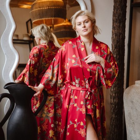 Ruby Red Crane Floral Satin Kimono Robe with Waist Belt