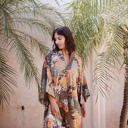 Sage Green Patchwork Floral Satin Kimono Robe with Coral Accents