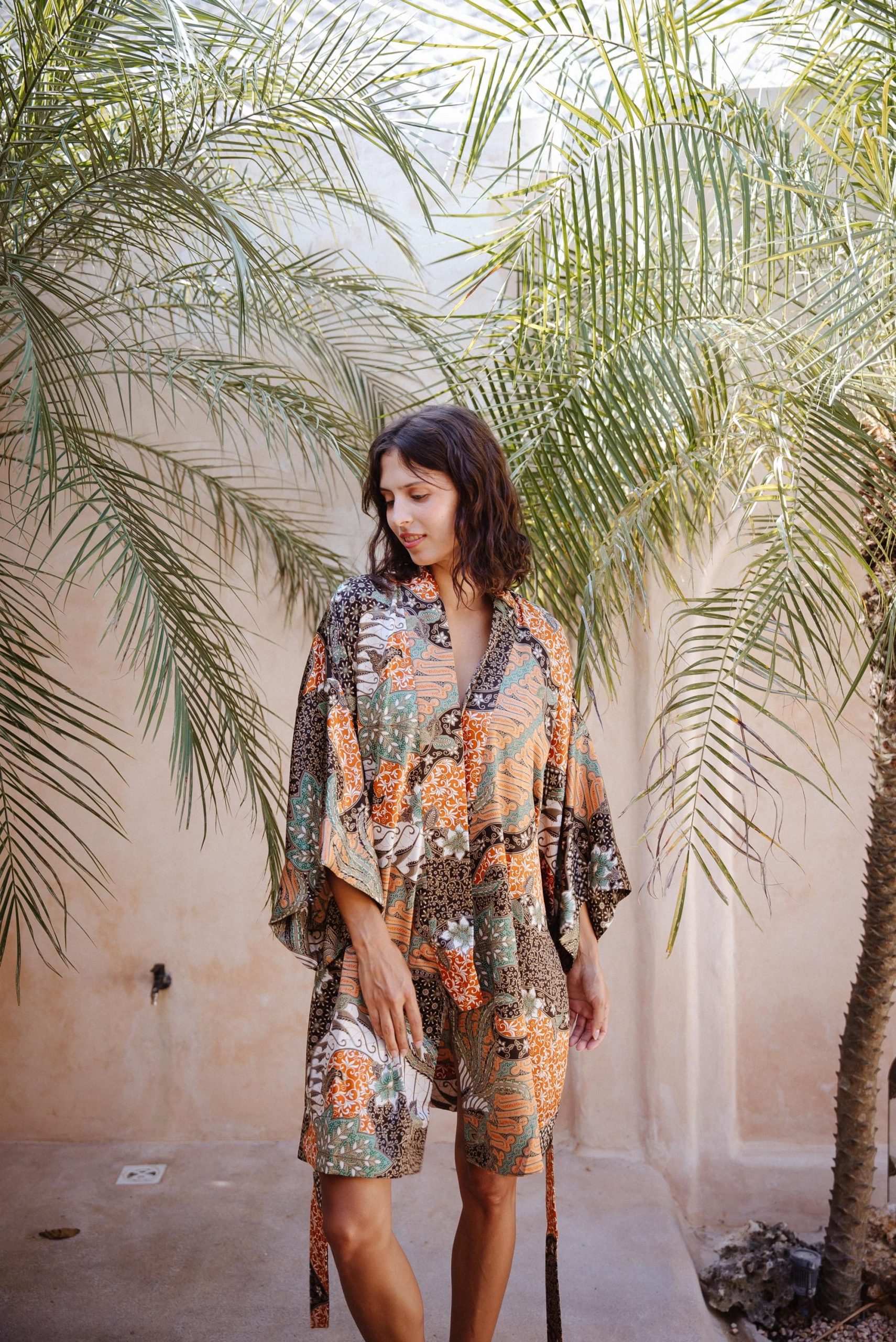 Sage Green Patchwork Floral Satin Kimono Robe with Coral Accents