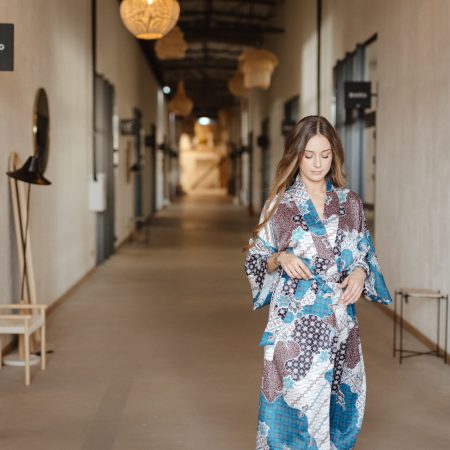 Sky Blue Patchwork Crane Satin Kimono Robe with Geometric Paisley Accents