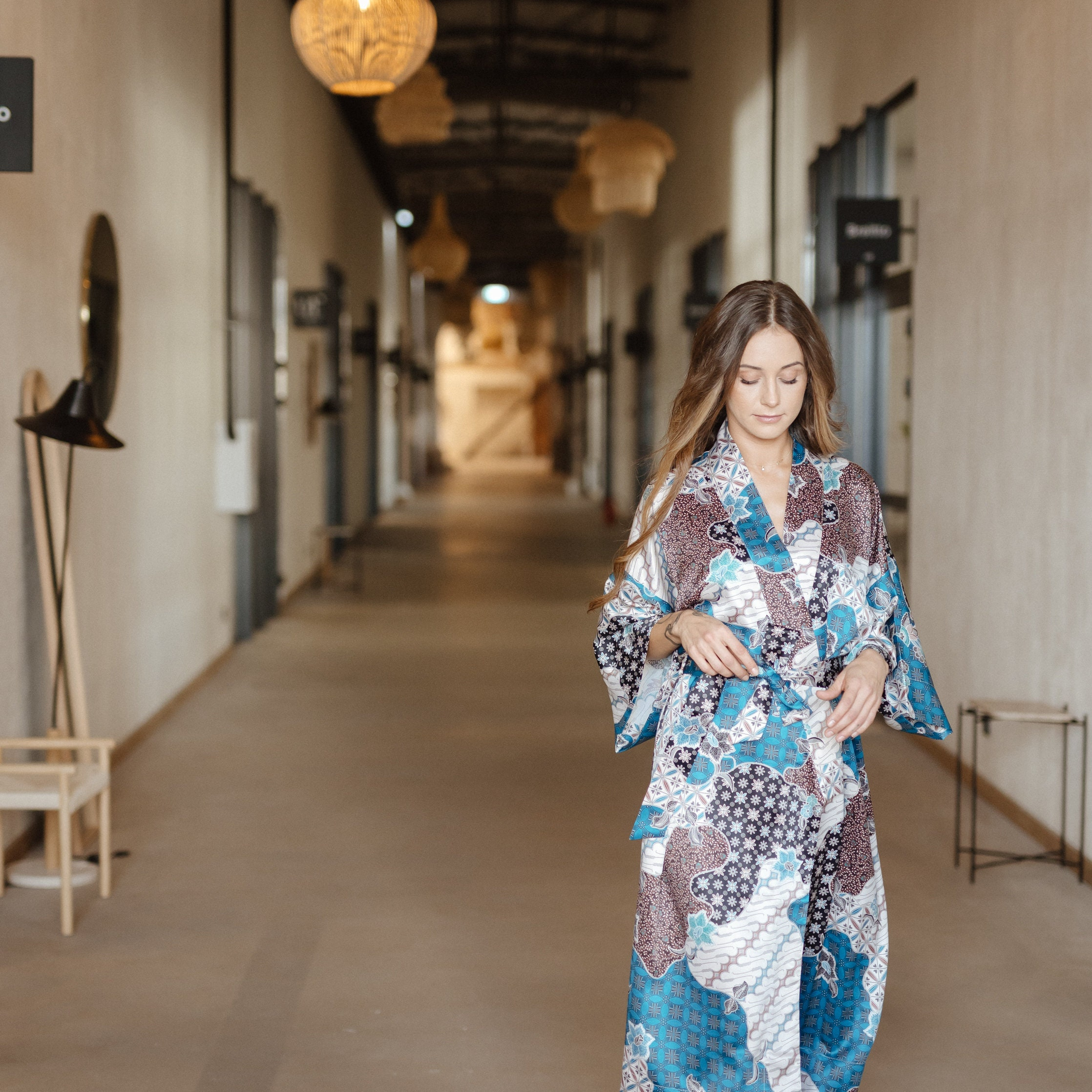 Sky Blue Patchwork Crane Satin Kimono Robe with Geometric Paisley Accents