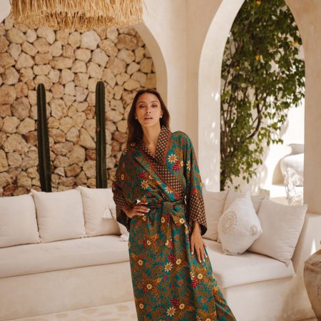 Teal Green Floral Satin Kimono Robe with Brown Patterned Trim