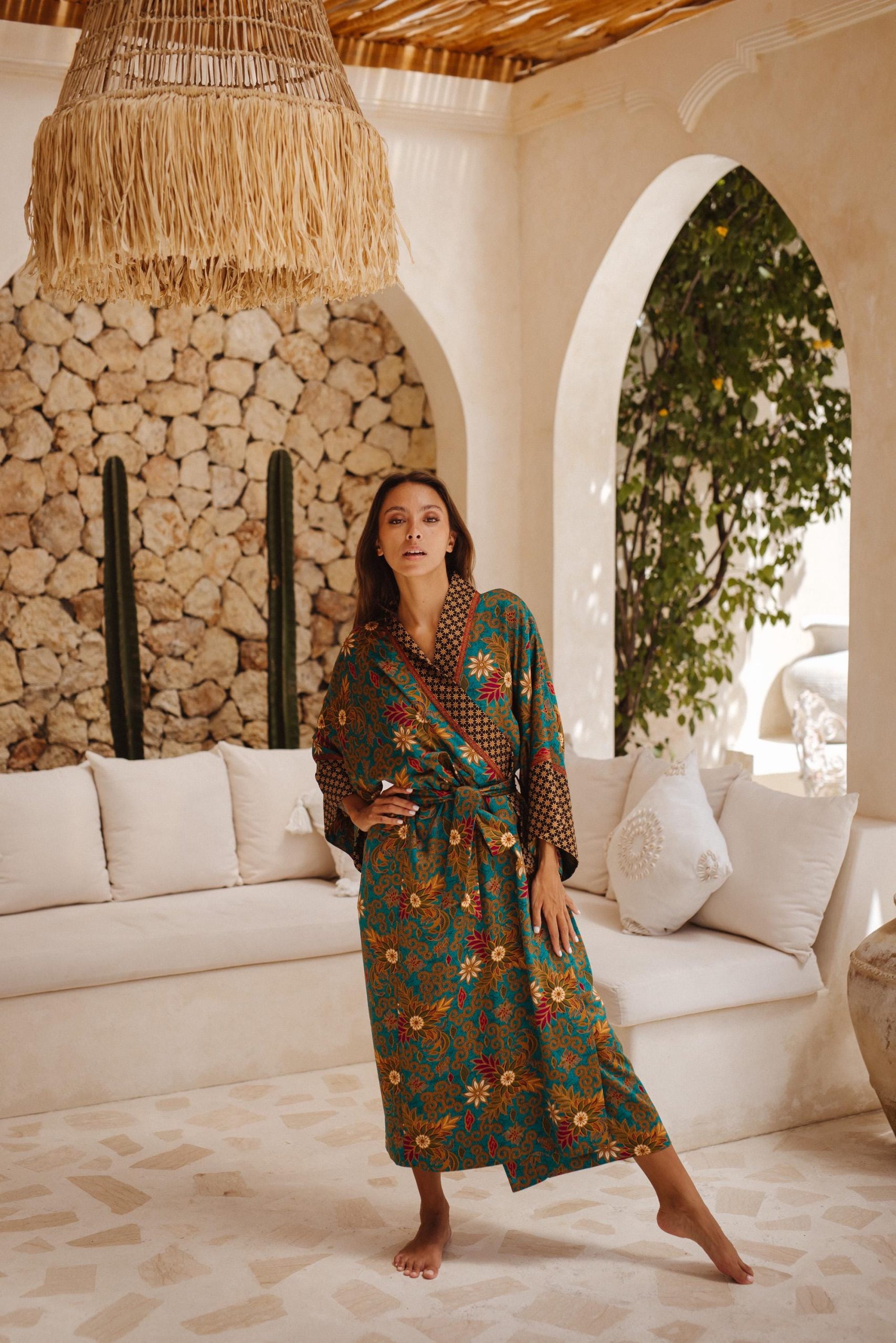 Teal Green Floral Satin Kimono Robe with Brown Patterned Trim
